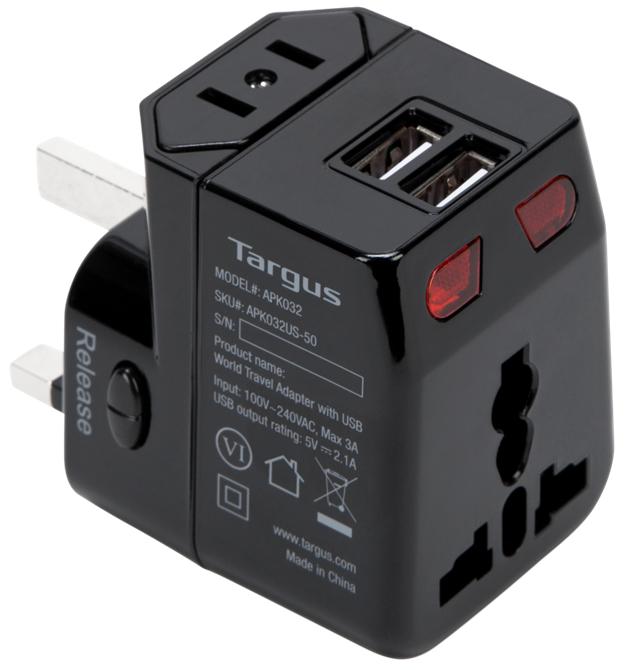 Targus 2 x USB, 110 - 250 V, 0,40 lb, 5,59'' x 7,59'' x 3'' (APK032US)