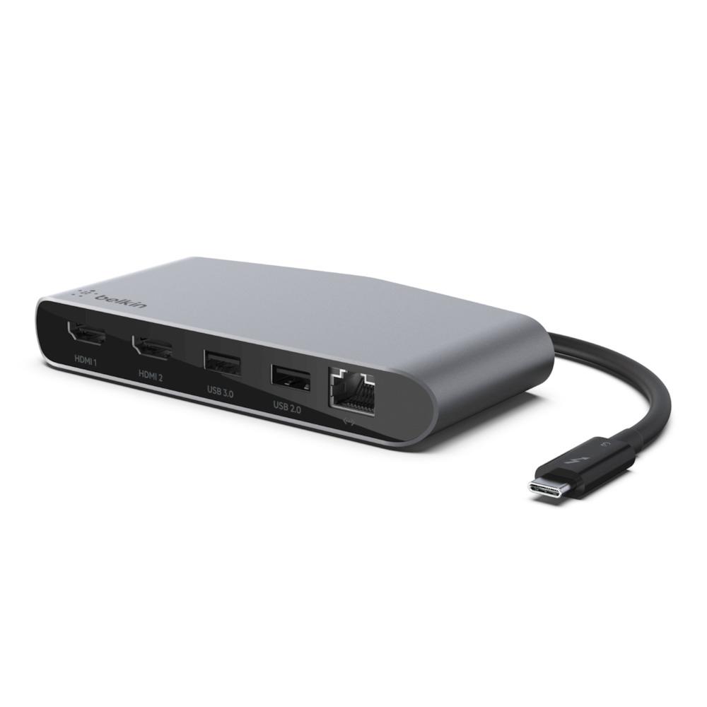 Belkin 2xHDMI, USB3.0, USB 2.0, Gigabit Ethernet, 130x79x21mm, 179g, Noir/Argent