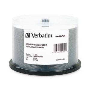 Verbatim CD-R 80MIN 700MB 52X DataLifePlus Jet d'encre Blanc, Hub Imprimable 50pk Spindle