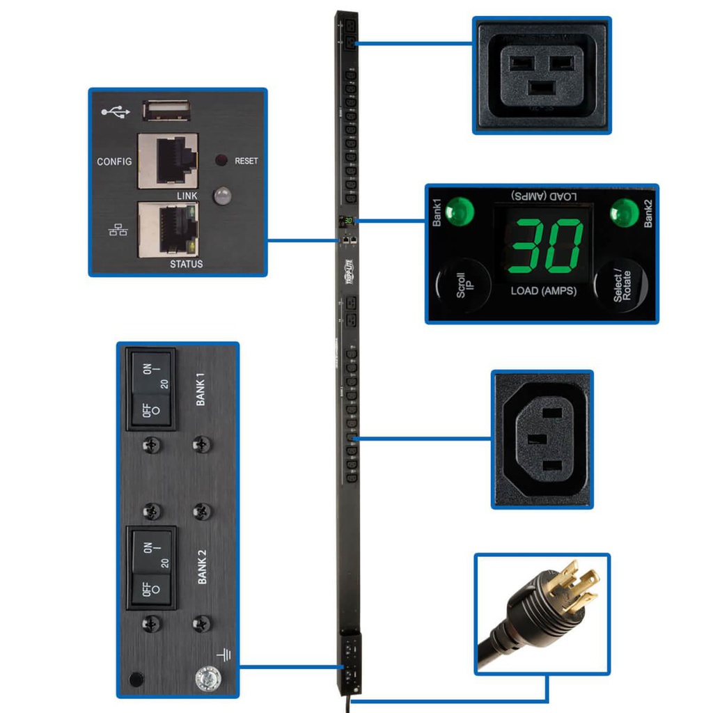 Tripp Lite PDUMV30HVNETLX, Commutable, 0U, Monophasé, verticale, Métal, Noir