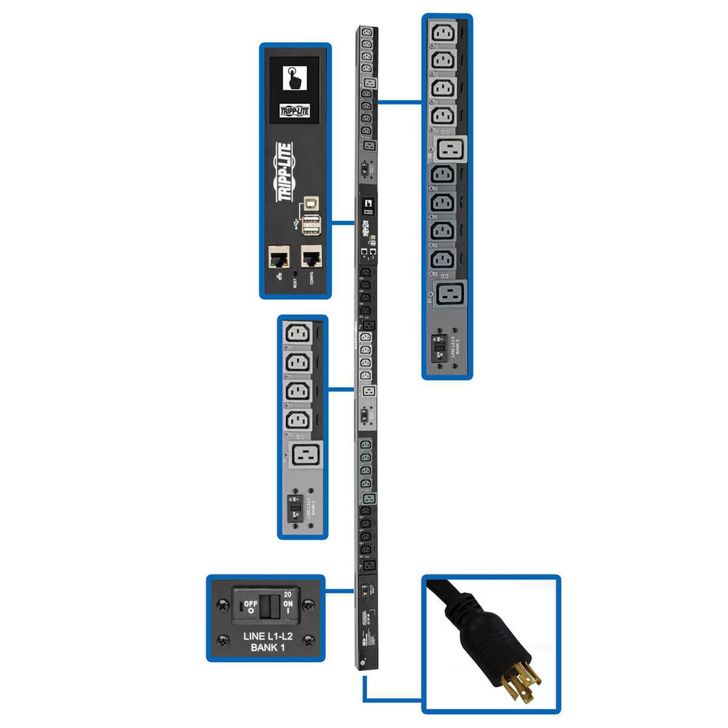 Tripp Lite PDU3EVSR10L2130, Commutable, 0U, Triphasé, verticale, Métal, Noir