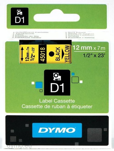 DYMO D1 - Standard Labels - Black on Yellow  - 12mm x 7m (45018)